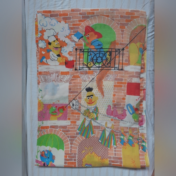 Vintage 70s Sesame Street Apartment Building Twin Flat Sheet 66" x 94" - Picture 4 of 12
